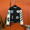 Chaopai offs style heavy industry embroidery hot drill baseball jacket men and women ins couple OW motorcycle wool coat