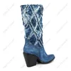 Heelslover Handmade Women Winter Mid Calf Boots Denim Chunky Heels Pointed Toe Blue Western Shoes Ladies US Size 5-13