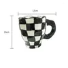 Mugs Chessboard Lattice Hand Pinch Cup Irregular Handmade Ceramic Mug Coffee Tea Milk Water Pink Girl With Tray