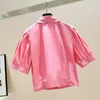 Women's Blouses Diamond Buttoned Puff Sleeve Shirt Women High Waist Pink 2022 Summer Tops Fashion Turn-down Collar Button Up White