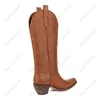 Heelslover Western femmes hiver mi-mollet bottes bloc talons bout pointu marron Cowboy chaussures dames taille américaine 5-15