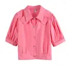 Women's Blouses Diamond Buttoned Puff Sleeve Shirt Women High Waist Pink 2022 Summer Tops Fashion Turn-down Collar Button Up White