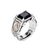 Cluster Rings Personality Real S925 Silver Fashion Ring For Men Hip Hop Black Agate Virgin Mary Thai Man