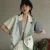 Women's Suits Summer Blazer Women Coat Short Sleeve Color Block Green Double Breasted Suit Jacket Korean 2022 Fashion Casual Female Pants