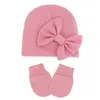 Hoeden geboren Beanie Hat Gloves Set Baby Bow Mittens Kit Infants Autumn Winter Winter Katoen Kop Wikkelhandschoen G2AE