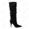 Heelslover Handgefertigte Damen-Winter-Kniestiefel aus Wildlederimitat mit Spike-Absätzen, spitzer Zehenbereich, elegante schwarze Partyschuhe für Damen, US-Größe 5–13