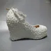 Dress Shoes 11CM Super High Wedges Heels White Lace Wedding Pumps Woman Ladies Party Dinner Proms Pearls Platforms Bridal Shoe