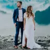 Hochzeitskleid Strand Elopement Chantilly-Spitze V-Ausschnitt Kurzarm A-Linie Maßgeschneiderte Plissee-Chiffon-Boho-Brautkleider mit offenem Rücken