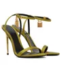 Sandálias de salto agulha de marcas elegantes sapato feminino designer de moda cetim ouro cadeado vestido sapatos de alta qualidade couro genuíno faixa estreita sandália feminina de salto alto