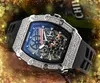 Mode luxe hommes femmes ciel diamants bague montres 43mm caoutchouc silicone quartz mouvement automatique creux squelette cadran gros cadeaux masculins montre-bracelet