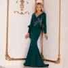 Turquoise Mermaid Mother Of The Bride Dresses V-Neck Long Sleeve Satin Evening Gown For Cascading Ruffles Weddingvestido De Noche 326 326