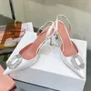 2023 Designer Pure Color Pointed Toe Slides tofflor Womens Luxury äkta lädervatten Drill Upper High Hools Sandaler Lady Sexig Back Hollowed Side Shoes Storlek 40