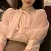 Camicette da donna Kuzuwata Camicetta da donna con stampa solida in stile giapponese 2022 Estate Mujer Blusa Bowknot Camicie con maniche a sbuffo mezzo dolcevita con lacci