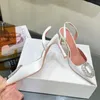 2023 Designer Pure color Pointed toe Slides slippers Womens Luxury 100% leather Water drill upper outdoor High heels Sandals ladys sexy Back Hollowed out side shoes