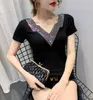 Women's T Shirts Summer European Clothes Casual T-shirt V-ringning Shiny Diamonds Women Topps Sexig Back Patchwork Lace Mesh Drilling Tees 9327