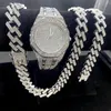 Catene 3PCS Iced Out Orologi per uomo Orologio d'oro 15mm Bracciale a maglie cubane Collane con diamanti Gioielli hip-hop Orologio da uomo