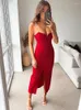 Casual Dresses Evening Party For Women 2022 Elegant Faux Pearl Spaghetti Strap Sweetheart Neck Front Slit Sexy Red Bodycon Midi Dress