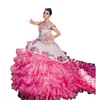 Charro Fuchsia Quinceanera Vestidos Floral Lace Aplicado Off Lace-Up Sweet 16 Prom Vestes Ball Vestidos de XV Anos 15