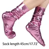 Women Socks Faux Patent Leather Loose Crew Shiny Metallic Wetlook Solid Clubwear Q6PB