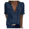 Dames blouses zomer dames mode kanten korte mouw casual shirts v-neck solide color top dame kantoor chiffon blouse xl