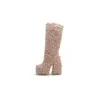 Boots Platform Chunky Heel Round Toe Women Luxury Wool Päls Knäslängd Vinter Fashion Sexig fest Catwalk Shoes