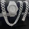 Correntes 3 pcs Iced Out Relógios para Homens Relógio de Ouro Cuban Link Pulseira Colares Diamante Hip Hop Jóias Set Luxo Masculino