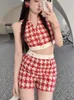 Survêtements pour femmes Mode d'été Casual Houndstooth Tweed 2 pièces Ensemble Femmes Débardeur Crop Top Shorts Costumes Rouge Sexy Petit Parfum Deux Pièces