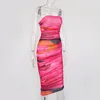 Casual Dresses Mesh Midi Dress Women Strapless Slim Fit Bodycon Ruched Party Summer Chic Geometric Print Sexy 2022