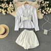 Women's Tracksuits 2022 Spring Puff Sleeve White Cotton Blouse Shirt Tops PU Faux Leather Vest Crop Pleated Shorts 3 Three Pieces Set Women