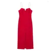 Casual Dresses Evening Party for Women 2022 Elegant Faux Pearl Spaghetti Strap Sweetheart Neck Front Slit Sexig Red Bodycon Midi Dress