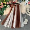 Kjolar hisuma 2022 sommar kvinnlig färgblock hög midja snörning bow mesh veckad kjol kvinnors eleganta gasväv