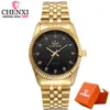 Chenxi män mode titta på kvinnor kvarts klockor lyxiga gyllene rostfritt stål armbandsur älskare klänning klocka i låda gåva216l
