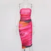 Casual Dresses Mesh Midi Dress Women Strapless Slim Fit Bodycon Ruched Party Summer Chic Geometric Print Sexy 2022