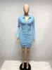 Casual Dresses Aualay Fall Streetwear Pleated Ribbed Buttons For Women 2022 Turn-down Collar Long Sleeve Solid Blue Bodycon Mini Dress