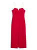 Casual Dresses Evening Party For Women 2022 Elegant Faux Pearl Spaghetti Strap Sweetheart Neck Front Slit Sexy Red Bodycon Midi Dress