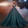 Dark Green Beaded Prom Dresses Lace Appliqued A Line Evening Gowns With Long Sleeves Sheer Bateau Neckline Sweep Train Special Occasion Formal Wear