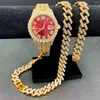 Correntes Completa Iced Out Watch Mens Cuban Chain Pulseira Inicial Colares Gargantilha Hip Hop Jóias Para Homens Gold Set219M