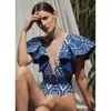 Women's Swimwear Deep V Ruffle Belt Printed One Piece Swimsuit Vintage Surfing For Women Tankini Swimming Suits Print Floral