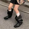 Buty Catwalk Fasher for Women 2022 Zimowa kwadratowa głowica grube pięta wysoka punk w stylu Punks Pasek Botas Street Botas