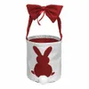 Easter Hunt Egg Party Basket Bags with Bowknot Girls Cotton Linen Rabbit Fluffy Tails Printed Tote Bag