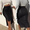 Faldas Falda Midi de cuero de imitación de las mujeres de moda Botón de cintura alta Ajuste de color sólido Hendidura Bodycon Lápiz con cinturón
