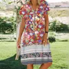 Festklänningar söt blommig klänning boho sommar för kvinnor avslappnad v-ringning kort ärm rustik blommuttryck midi strand vestidos