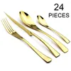 Conjuntos de talheres de jantar 24pcs espelho ouro 18/10 conjunto de aço inoxidável faca bife colher colher de chá de colher de mesa