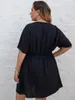 Vestidos de tamanho grande vestido preto para mulheres de manga curta 2022 Roupas de outono v pescoço Uma linha elegante algodão casual midi túnica