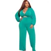 Tracksuits Sylph Sexy Plus Size Female Clothing Long Sleeve V-neck Crop Top And Wide Leg Pants Set Solid Pocket Two Piece Sets For Women