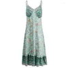 Casual Dresses Green Floral Print Spaghetti Strap Bohemian Dress For Women Loose Polyster Midi Beach Holidays 2022 Summer Clothing