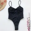 Kvinnors badkläder Melphieer Lace Monokini Swimsuit Sexig Rib Thong One Piece passar solida kvinnor vadderade Push Up Beachwear Bathing Swim