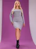 Plus Size Dresses Grey 4XL Midi Dress Women Autumn Winter 2022 Backless Long Sleeve Bodycon Elegant Casual Sexy Curvy Party
