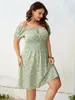 Plus -klänningar 4xl Floral Print Dress for Women Off Shoulder Casual Elegant Midi Green 2022 Summer Autumn Loose Clothing