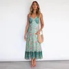 Casual Dresses Green Floral Print Spaghetti Strap Bohemian Dress For Women Loose Polyster Midi Beach Holidays 2022 Summer Clothing